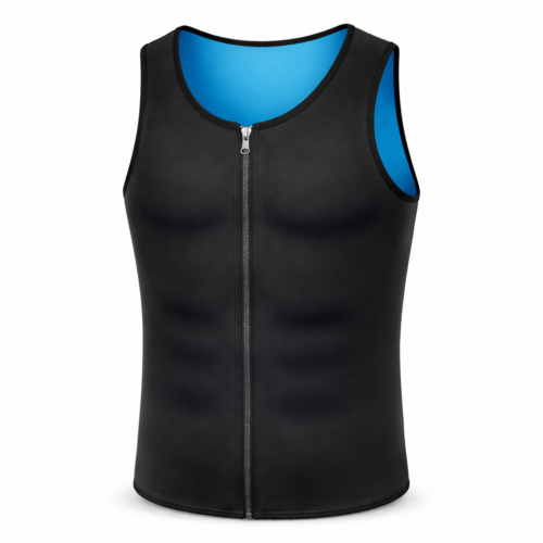 Neoprene Sauna Vest black men slimming sweat vest with front zipper and blue inner lining