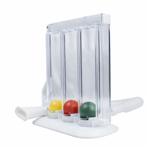 جهاز Prima Spirometer بريما لتدريب وظائف الرئة مع ثلاث كرات ملونة توضح مستويات الشهيق